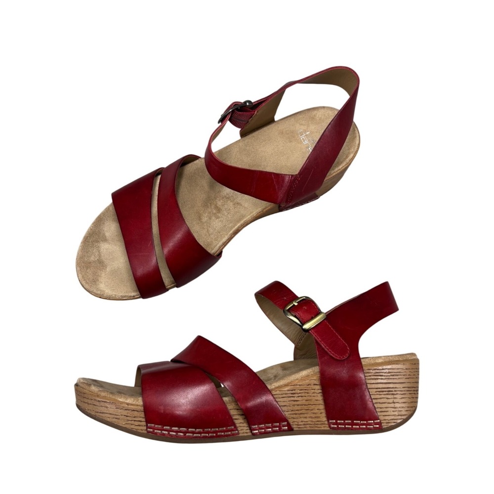 Dansko Lindsay Wedge Sandals Red Leather Buckle Slingback Women's Size 41